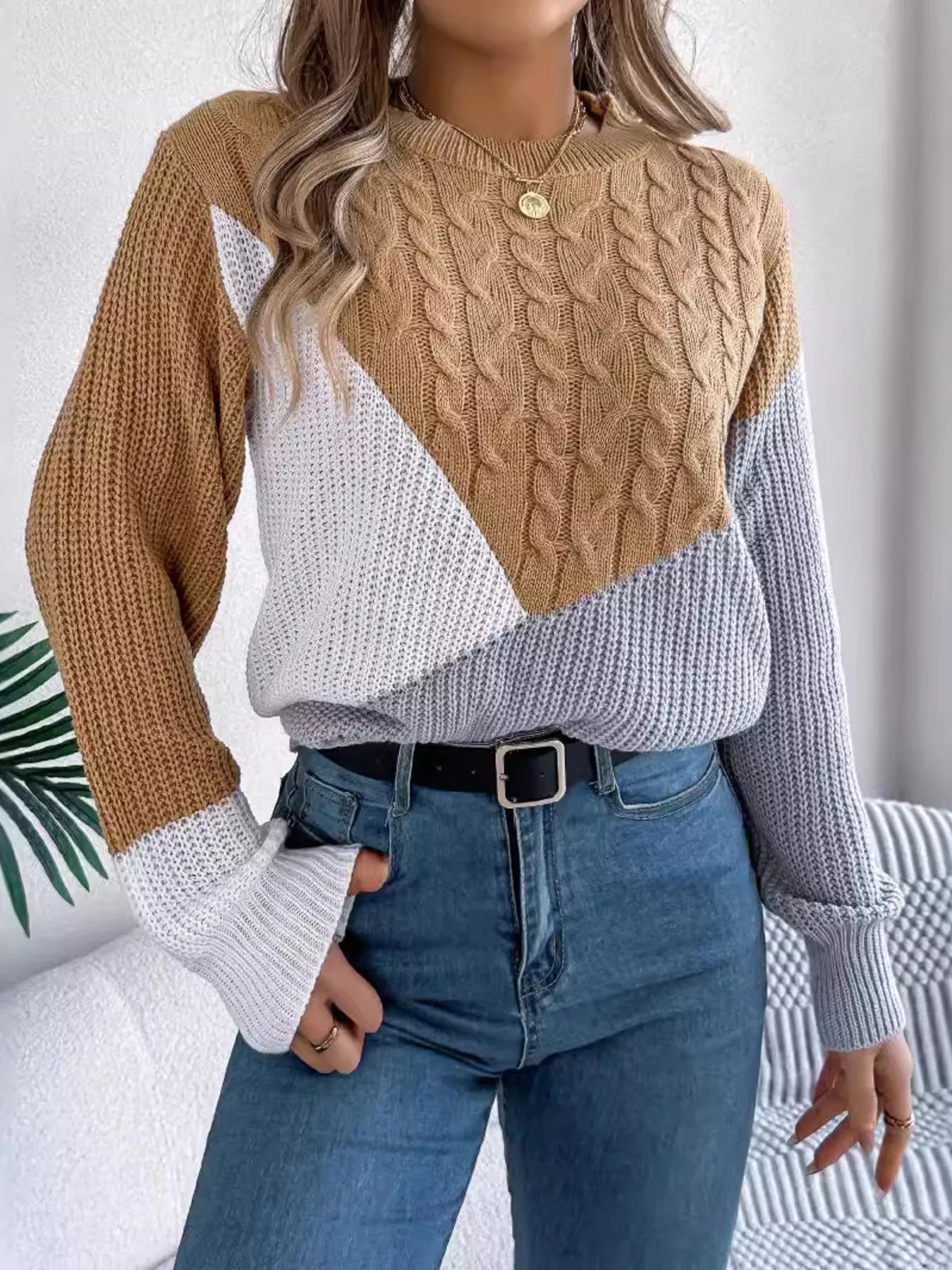 Color Block Cable Knit Long Sleeve Sweater