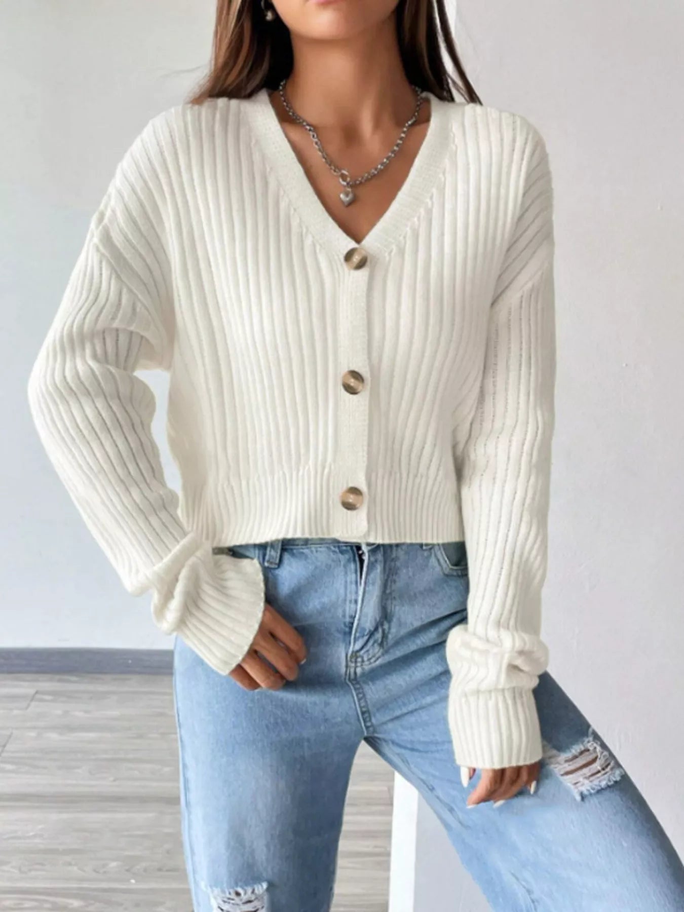 V-Neck Button-Up Cardigan White