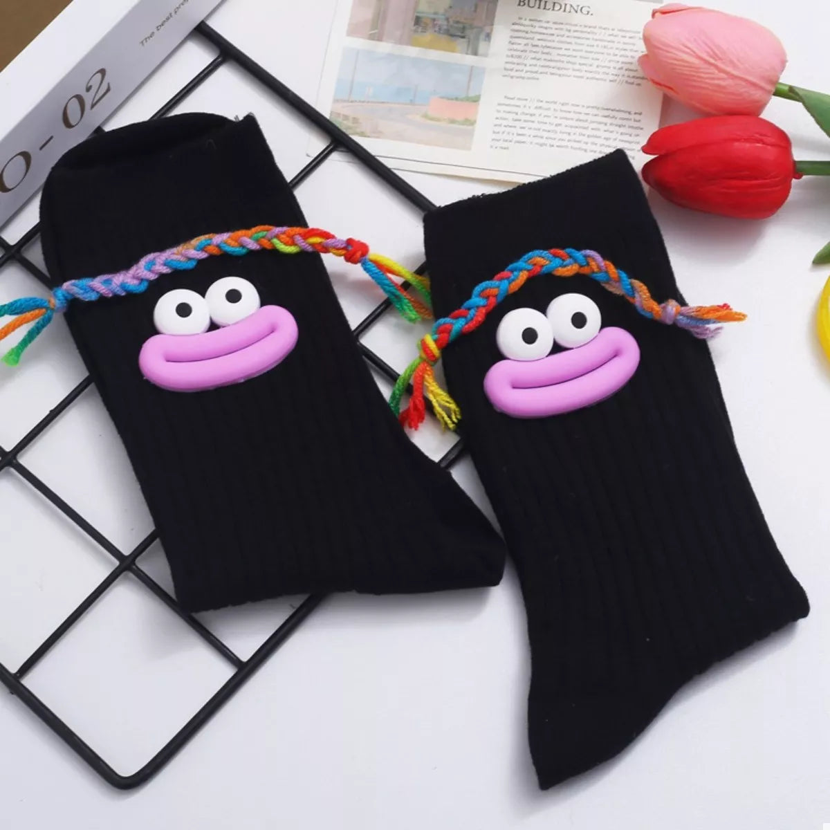 Cartoon Ribbed Knit Crew Socks Black B One Size