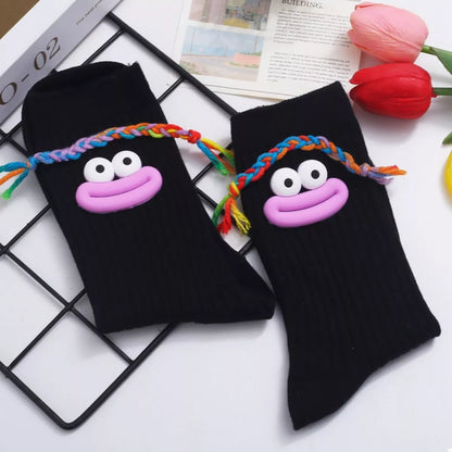 Cartoon Ribbed Knit Crew Socks Black B One Size