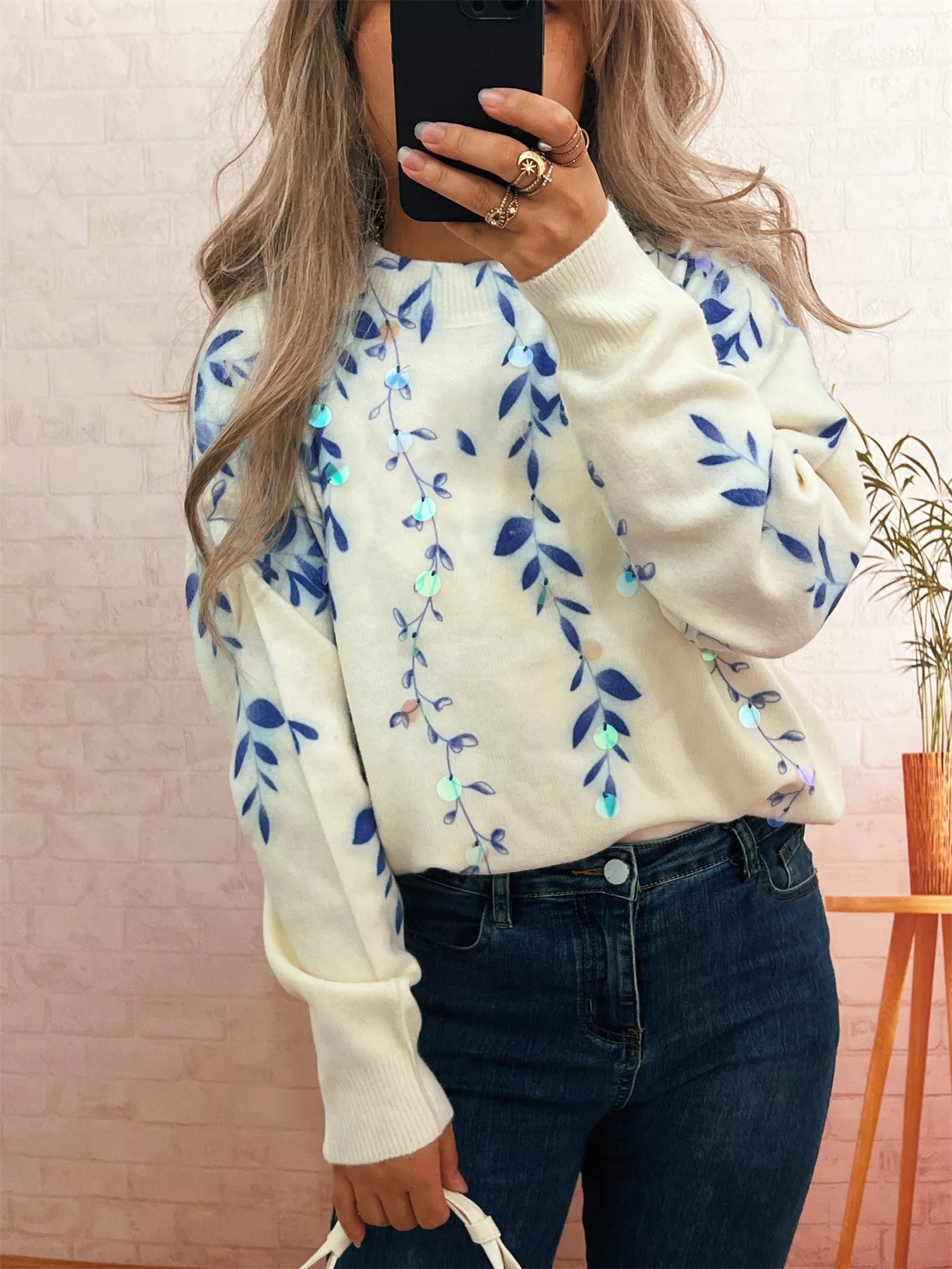 Sequin Crew Neck Long Sleeve Sweater