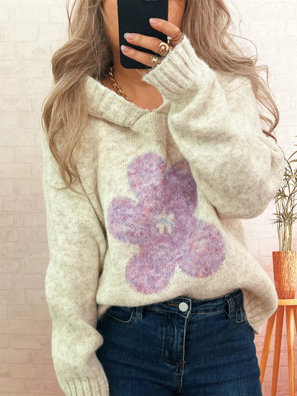 Flower Long Sleeve Hooded Sweater Apricot One Size