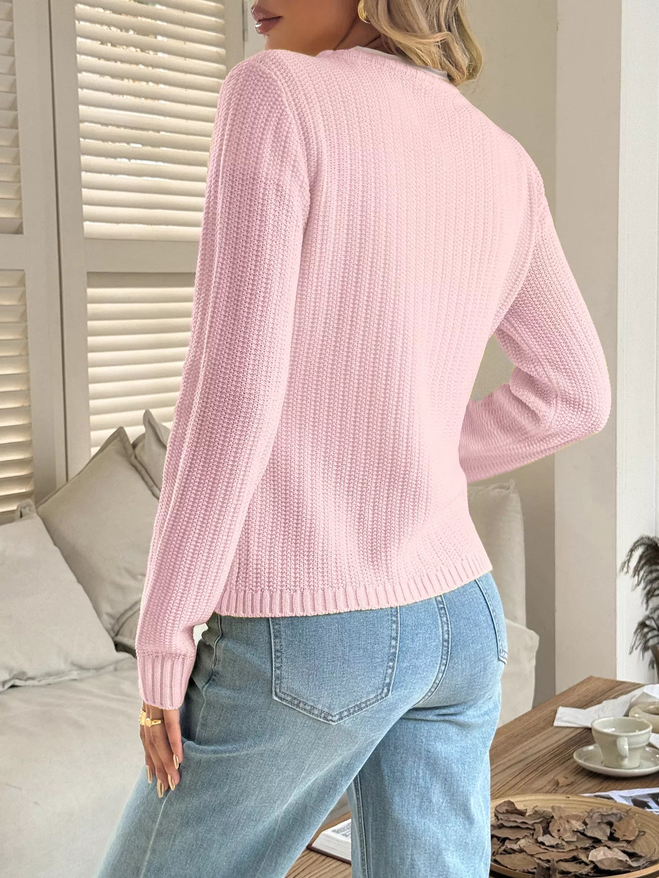 Button-Front Ribbed Long Sleeve Cardigan