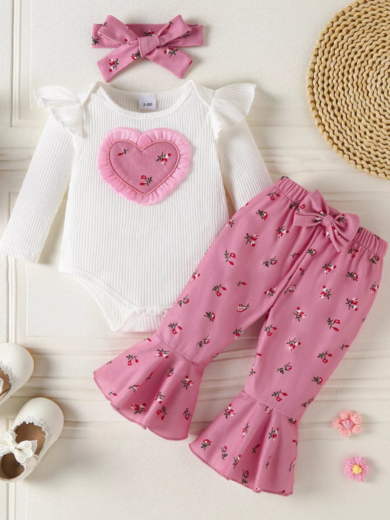 Children's Ruffled Bodysuit and Floral Pants Outfit Set with Headband Dusty Pink