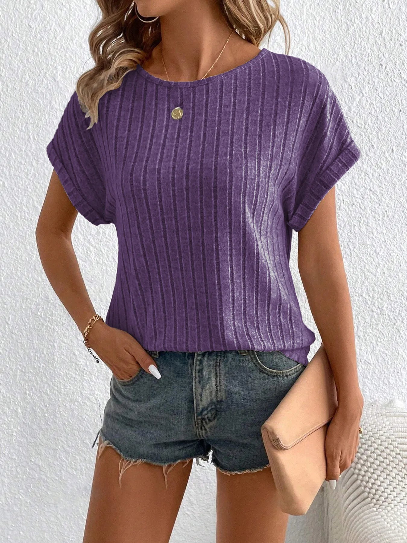 Plus Size Ribbed Texture Short Sleeve T-Shirt