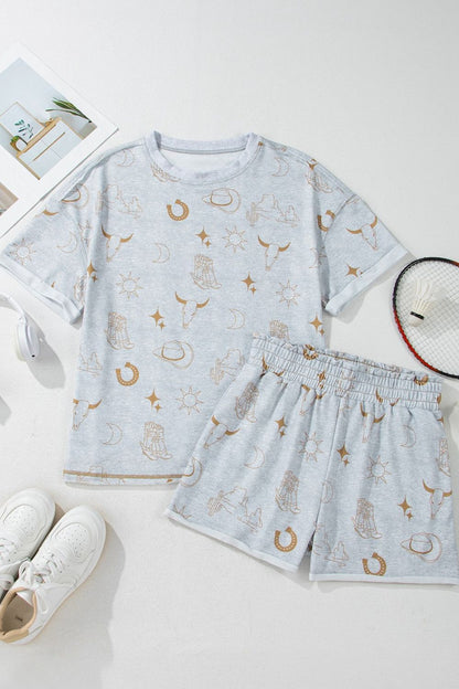 Printed T-Shirt and Elastic Waist Shorts Set