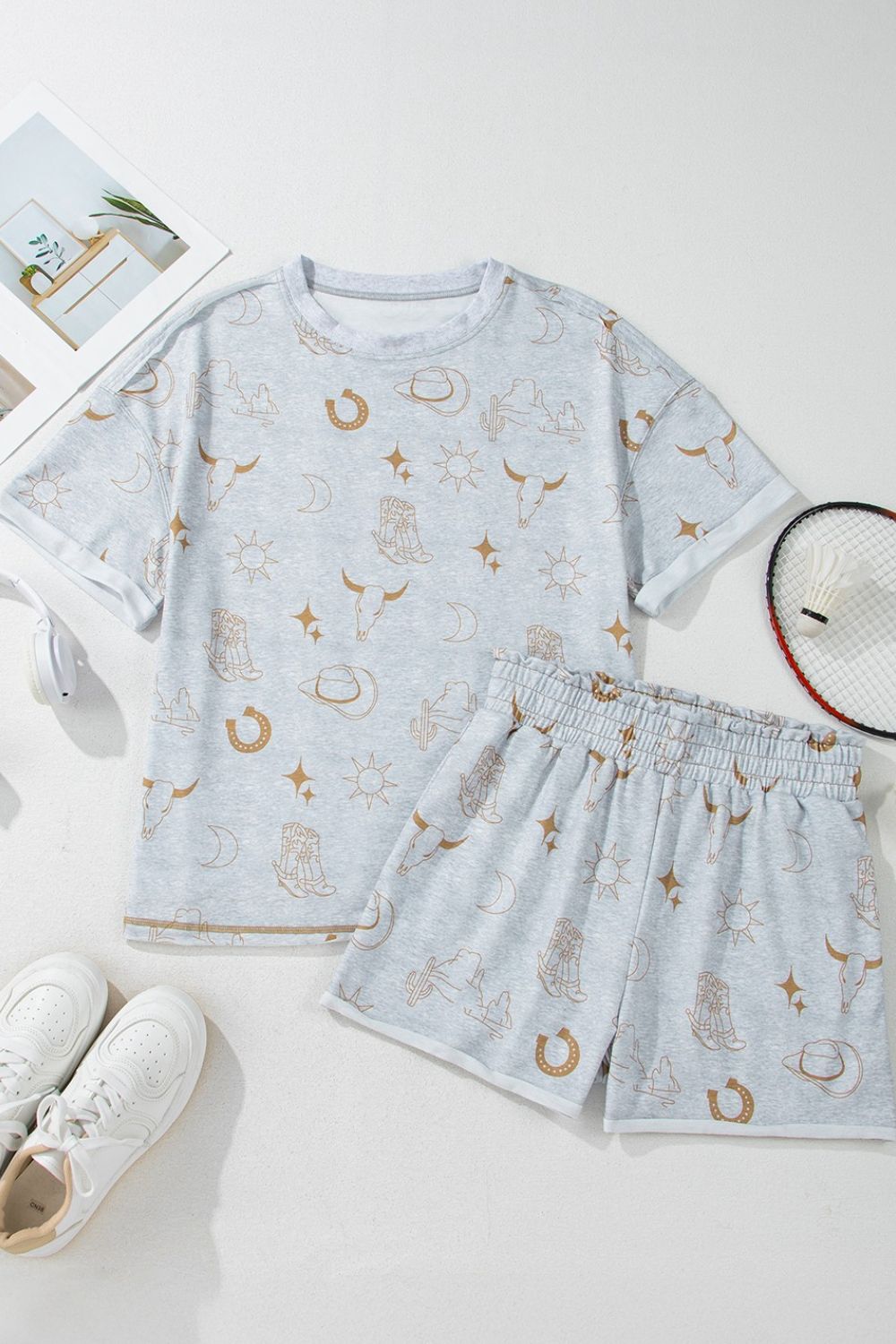 Printed T-Shirt and Elastic Waist Shorts Set