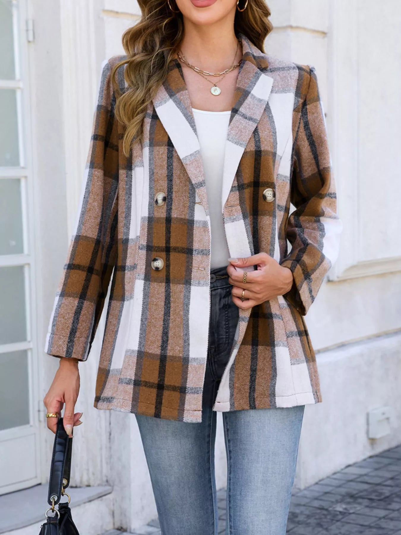 Plaid Double-Breasted Blazer Khaki