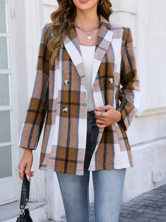 Plaid Double-Breasted Blazer Khaki
