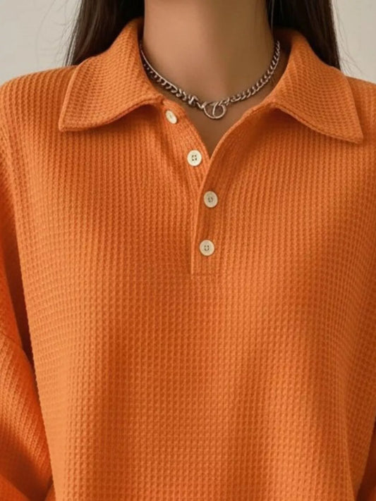 Full Size Waffle Knit Button Detail Sweatshirt Plus Size