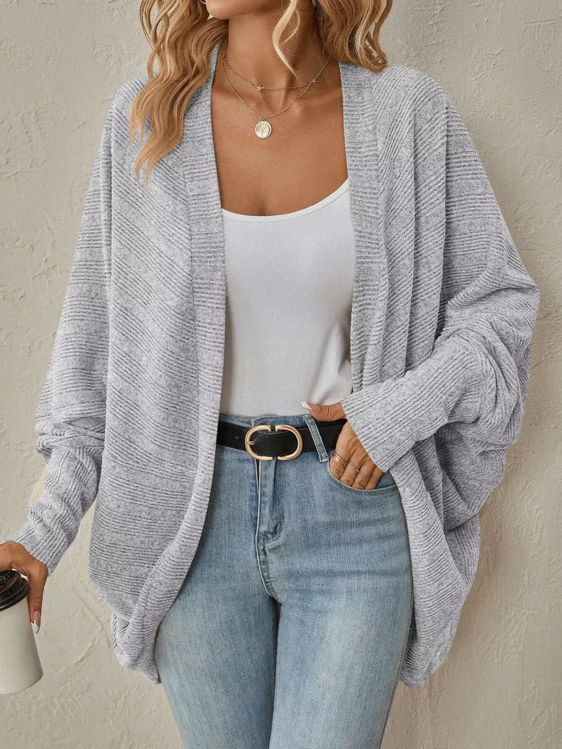 Casual Knit Open Front Cardigan Light Gray