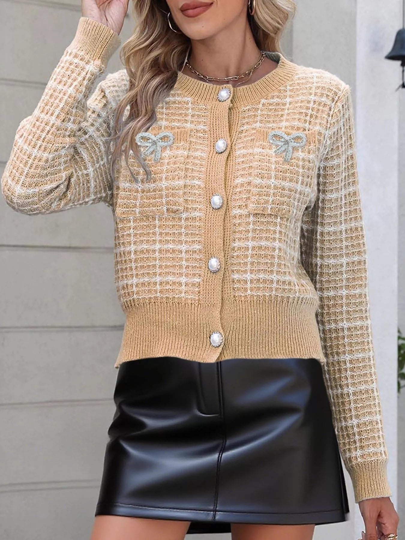 Bow Decor Button Up Cardigan Gold