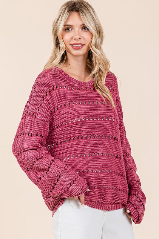 Back To School Sweater - Mittoshop Openwork Round Neck Drop Shoulder Sweater