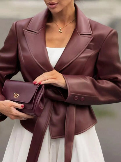 Belted Faux Leather Blazer Burgundy