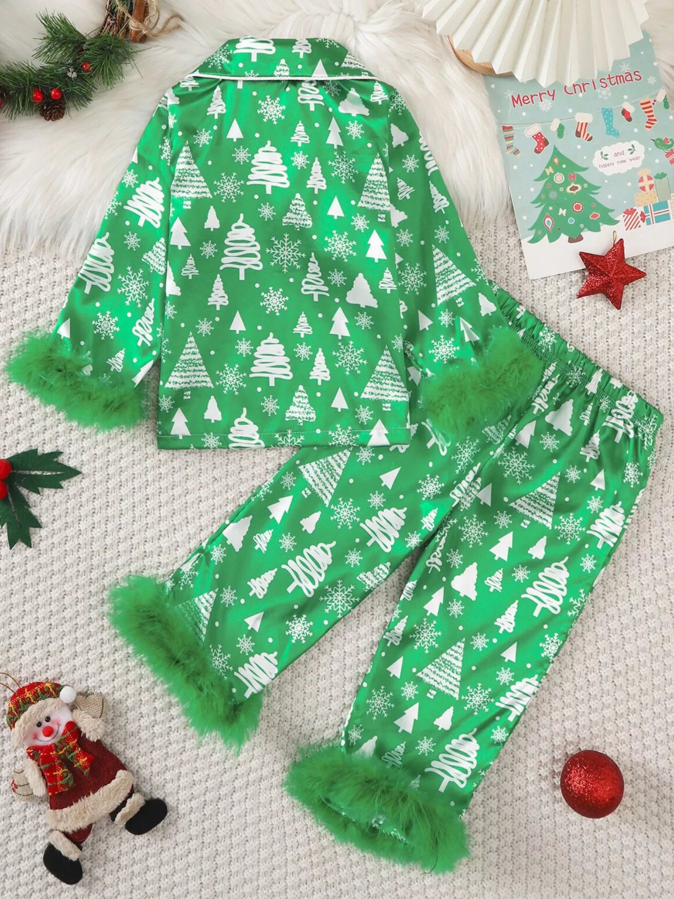 Children's Christmas Tree Print Fluffy Cuff Pajama Set