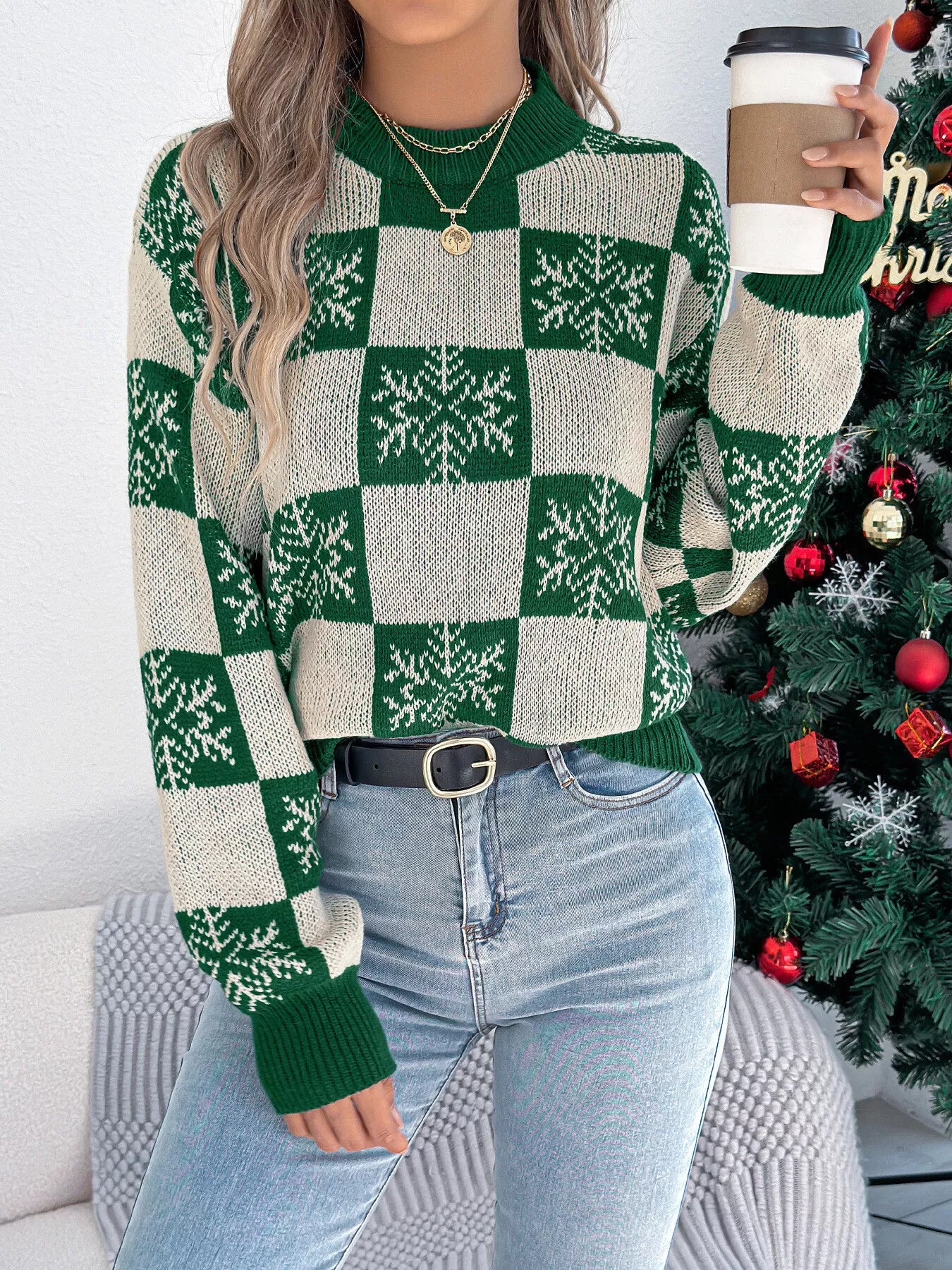 Christmas Snowflake Checkered Round Neck Sweater