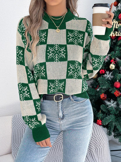 Christmas Snowflake Checkered Round Neck Sweater