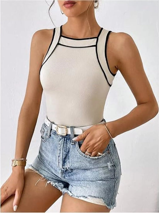 Ribbed Knit Contrast Trim Tank Top Apricot
