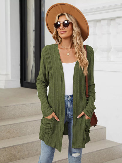 Open Front Long Cardigan Army Green