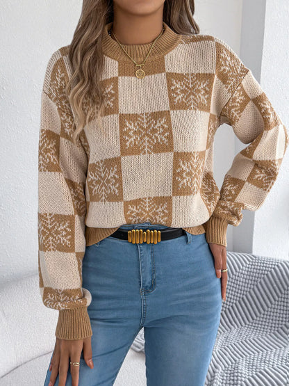 Christmas Snowflake Checkered Round Neck Sweater
