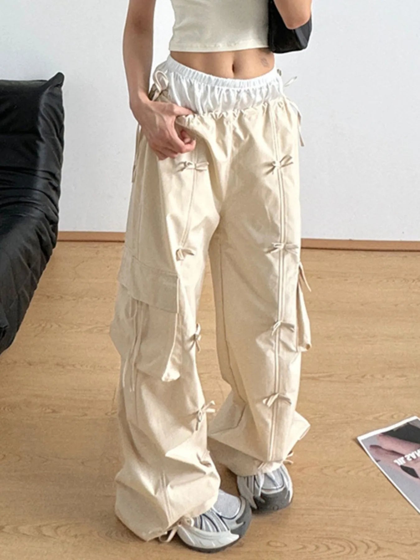 Bow Elastic Waist Cargo Pants