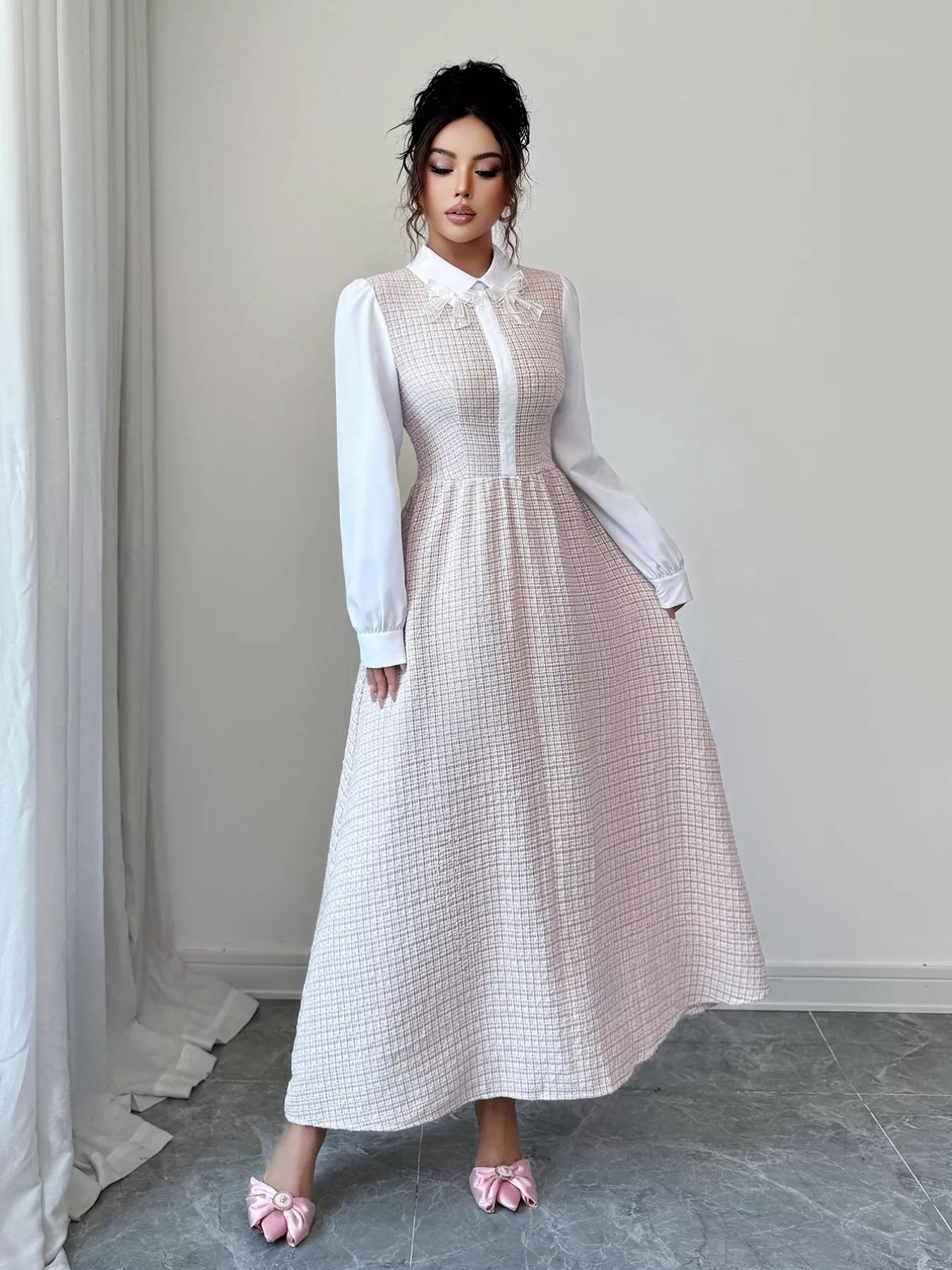 Tweed Long Sleeve A-Line Midi Dress
