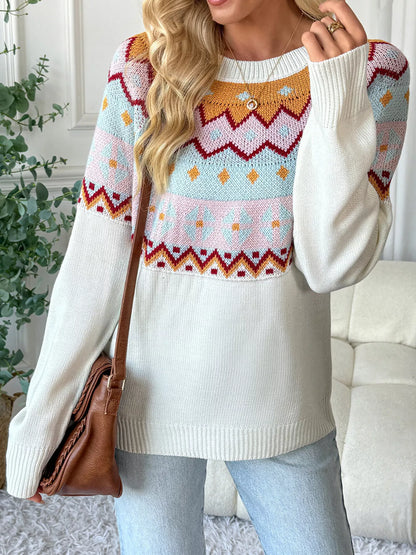 Contrast Round Neck Long Sleeve Sweater