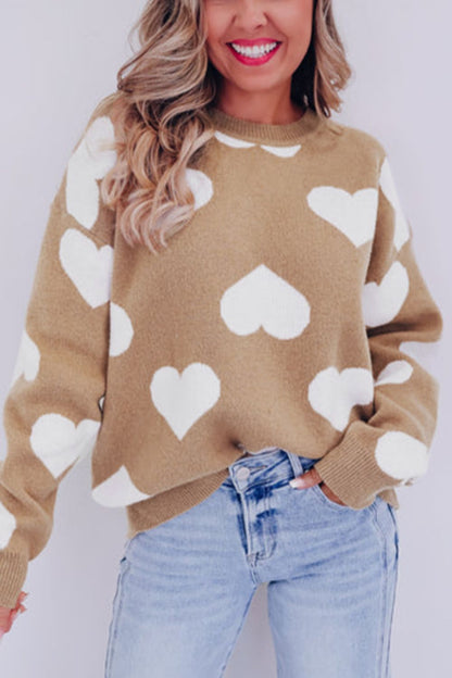 Heart Round Neck Long Sleeve Sweater Khaki