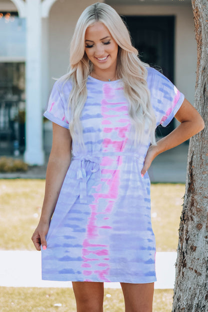 Women Tie-Dye Belted T-Shirt Dress Multi