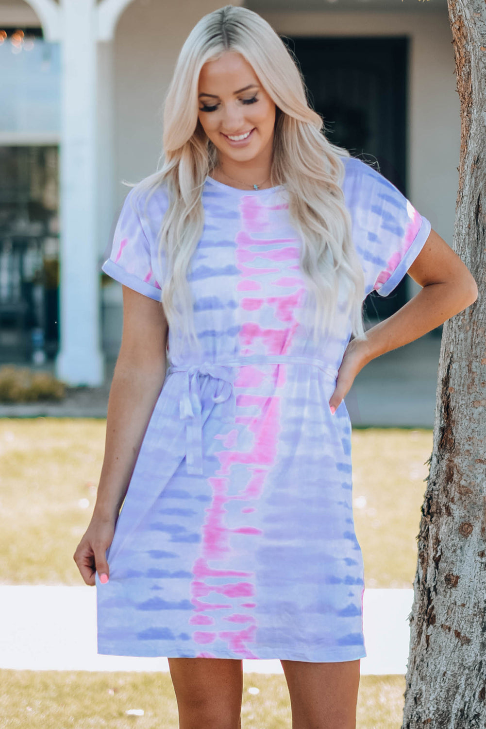 Women Tie-Dye Belted T-Shirt Dress Multi