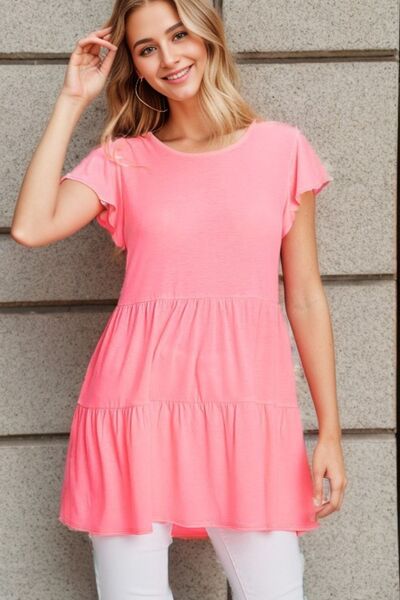 Heimish Full Size Tiered Round Neck Ruffle Sleeve Top Plus Size Pink