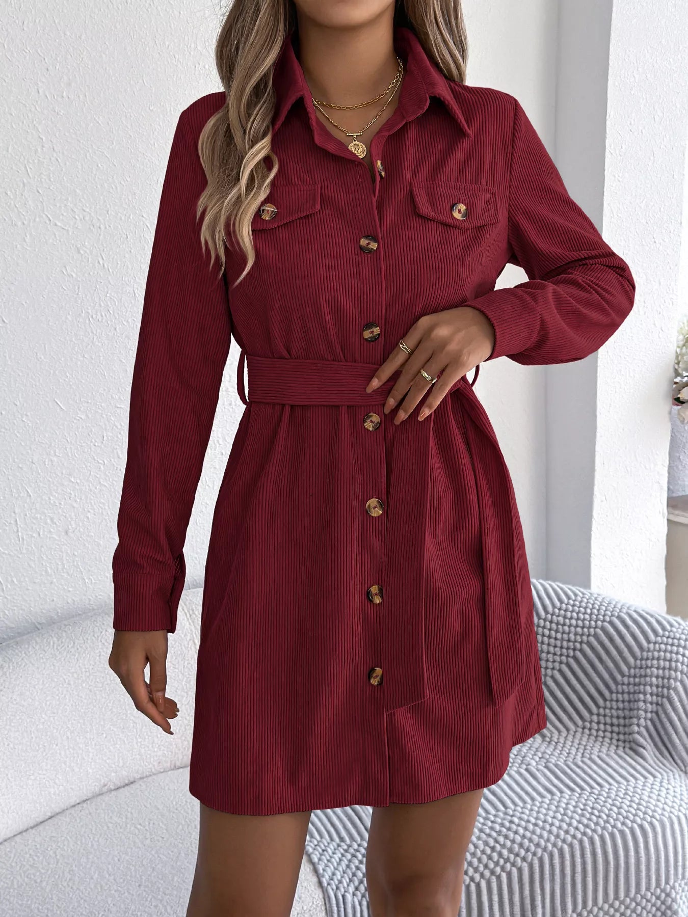 Button-Front Corduroy Shirt Dress Burgundy