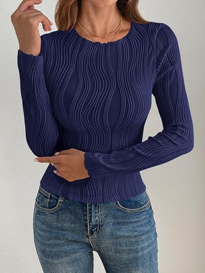 Textured Round Neck Long Sleeve Top Dark Navy