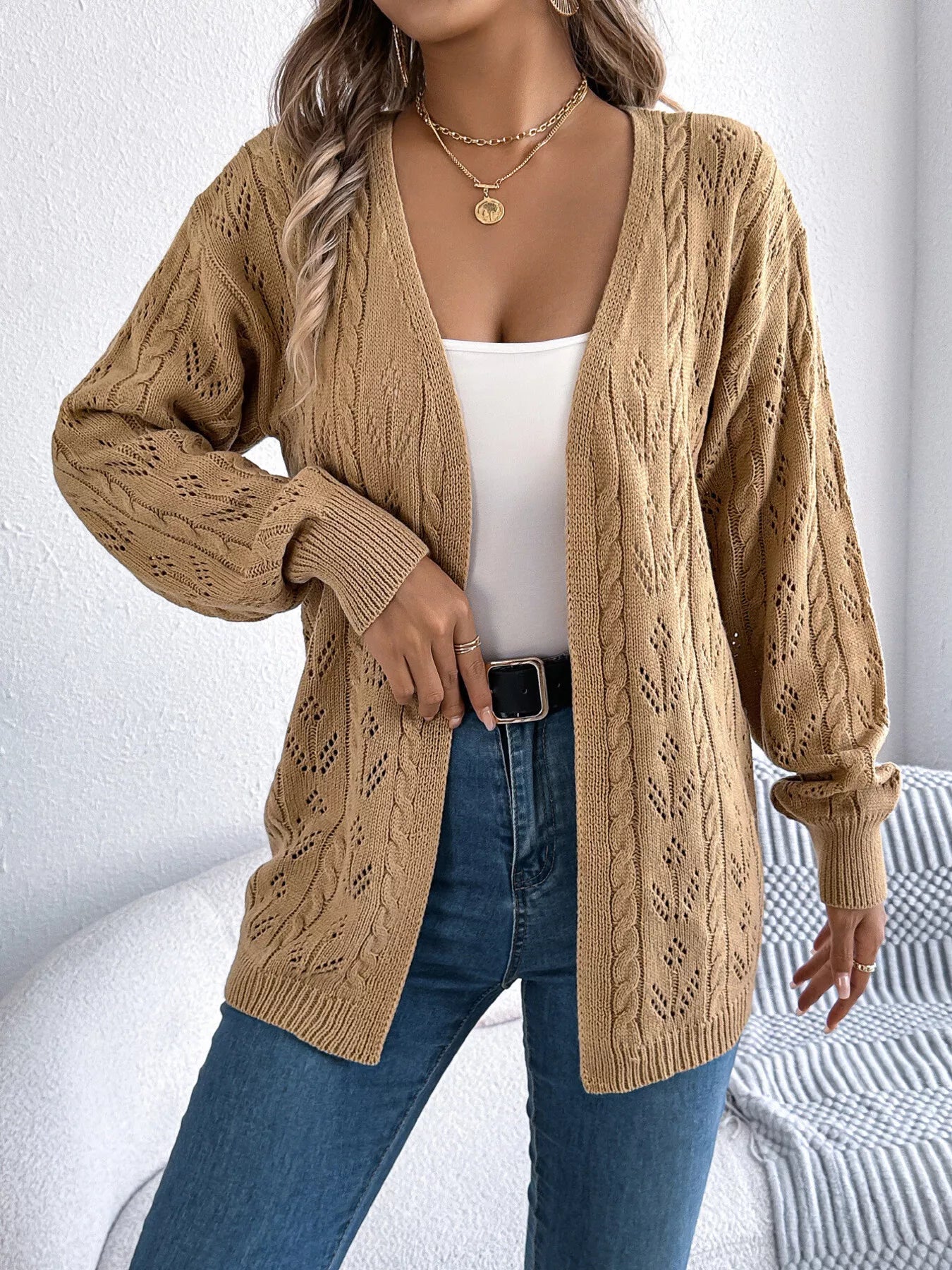 Openwork Open Front Long Sleeve Cardigan
