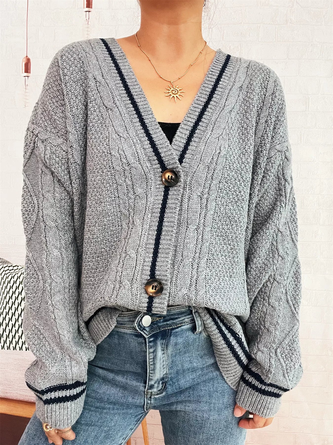 Star Pattern Button-Up Cardigan with Contrast Trim