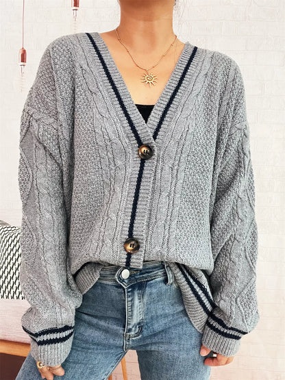 Star Pattern Button-Up Cardigan with Contrast Trim