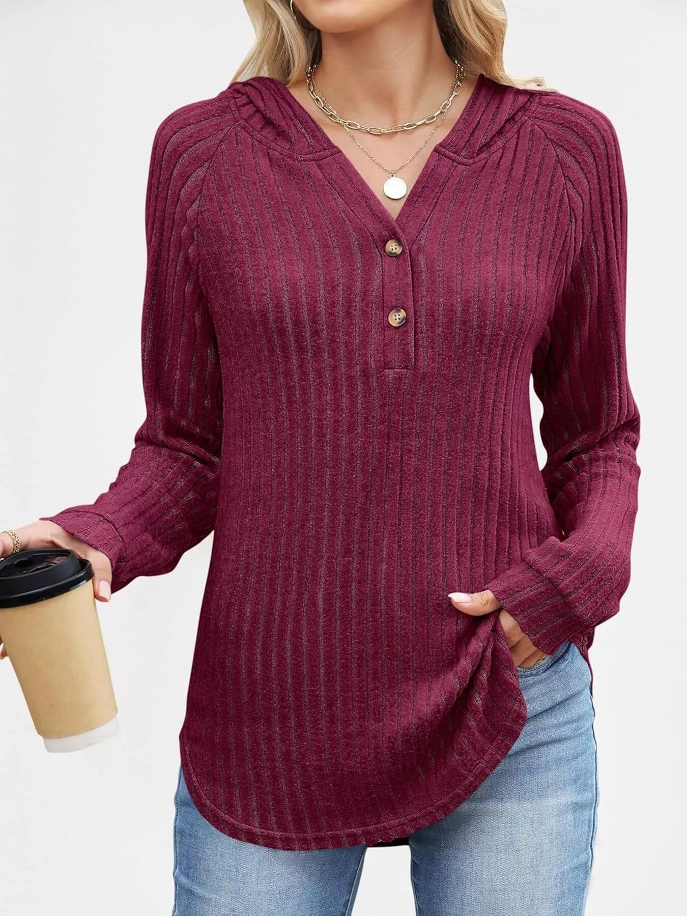 Full Size Ribbed Knit Button Detail Hooded Top Plus Size