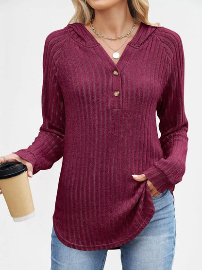 Full Size Ribbed Knit Button Detail Hooded Top Plus Size