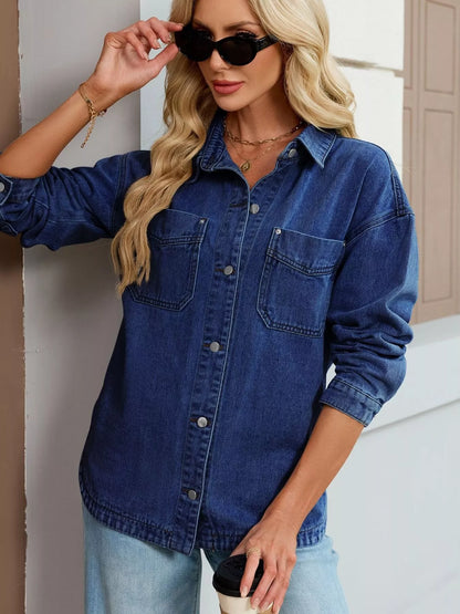 Button Up Dropped Shoulder Denim Jacket Blue