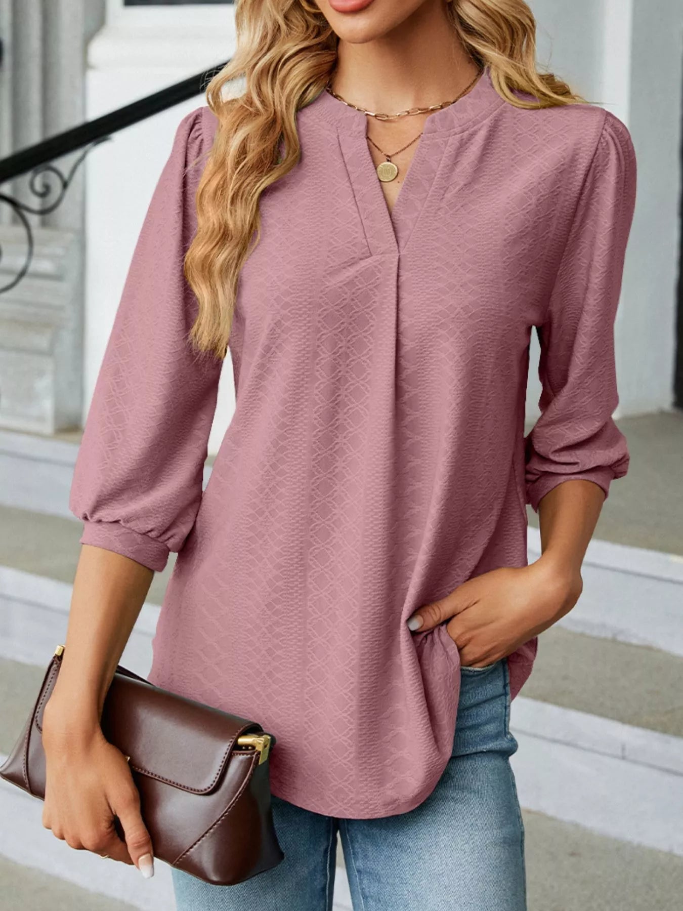 Notched 3/4 Sleeve Casual Top