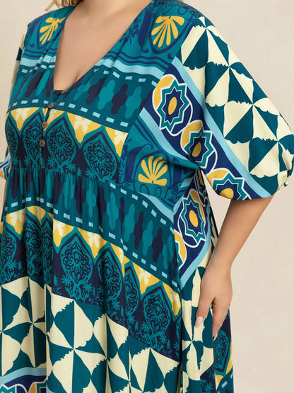 Plus Size Printed V-Neck Half Sleeve Midi Dress