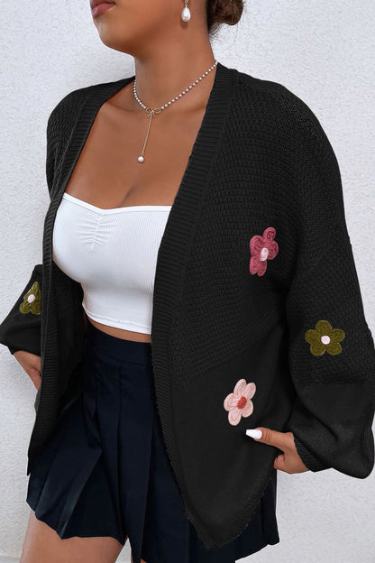 Floral Applique Drop Shoulder Open Front Cardigan Black
