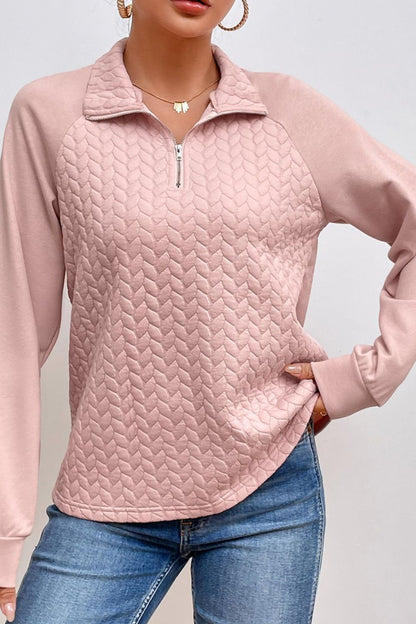 Textured Quarter Zip Long Sleeve Sweatshirt Dusty Pink