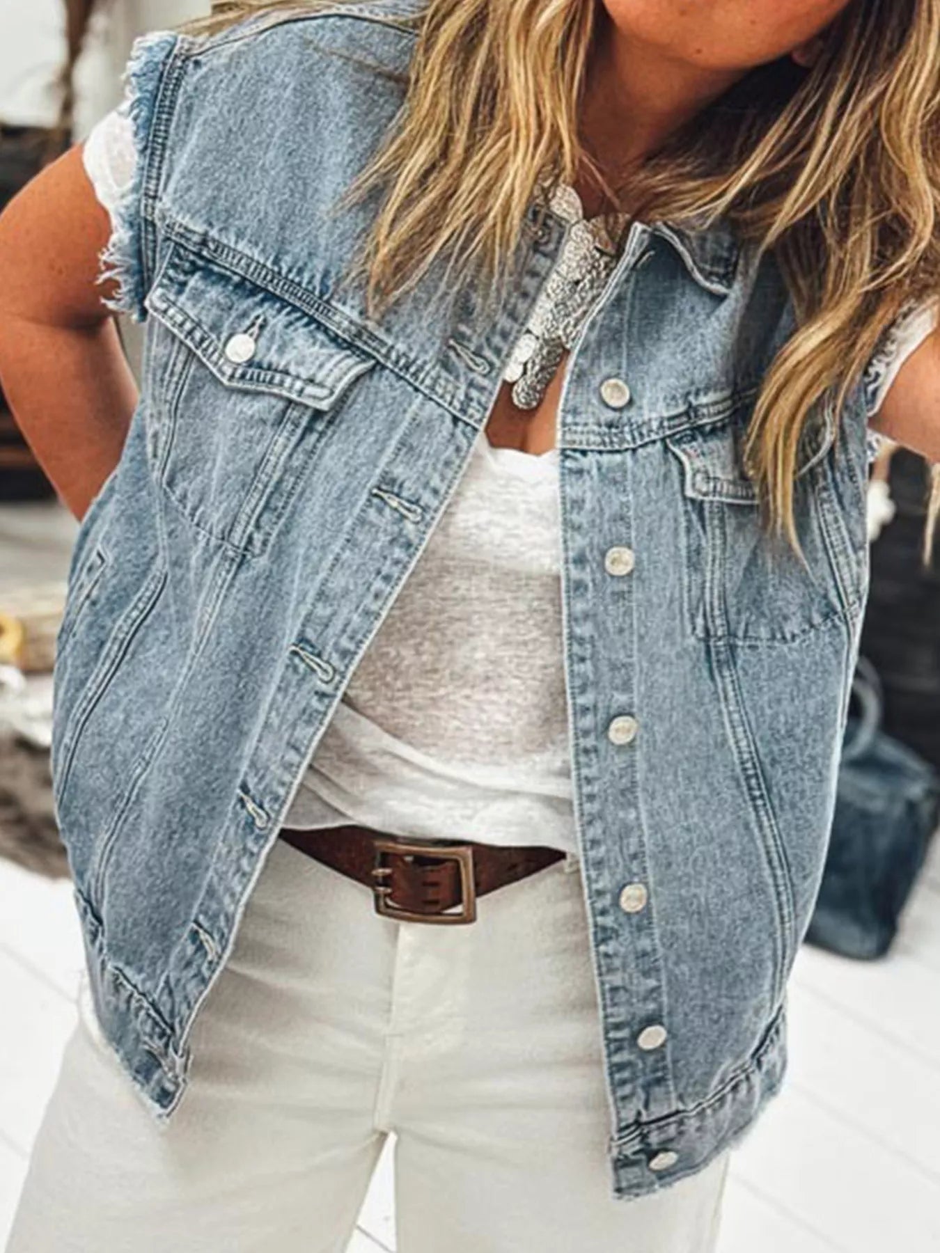 Button Flap Pocket Frayed Detail Denim Vest