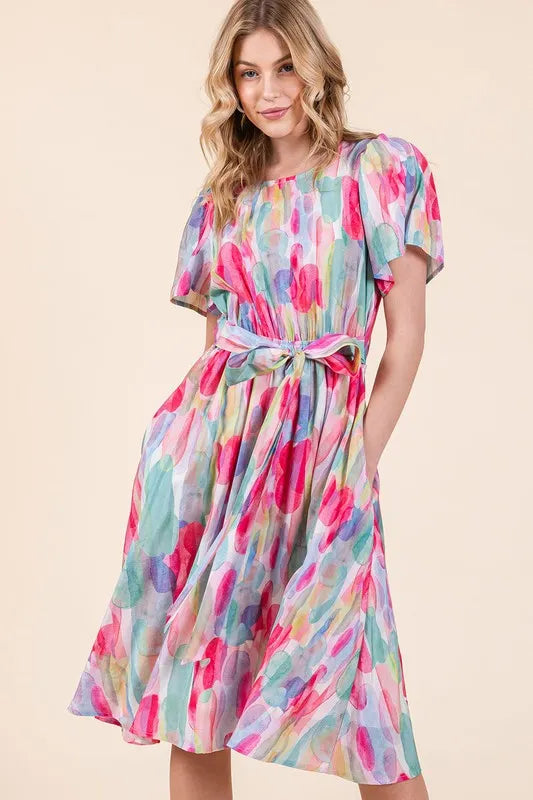 Lime 'N' Chili Watercolor Print Tie Front Midi Dress