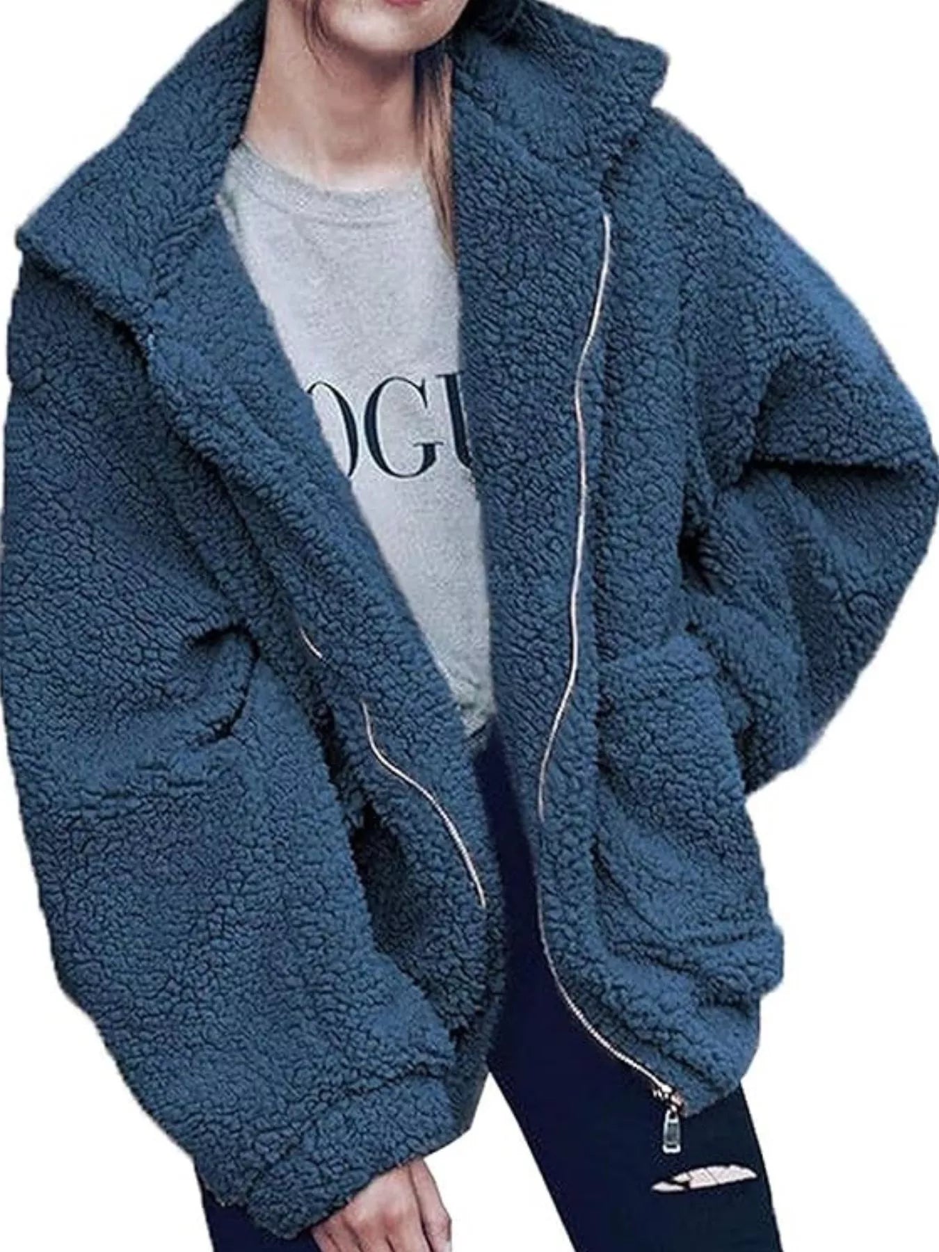 Full Size Cozy Fleece Zip Up Jacket Plus Size Dark Blue