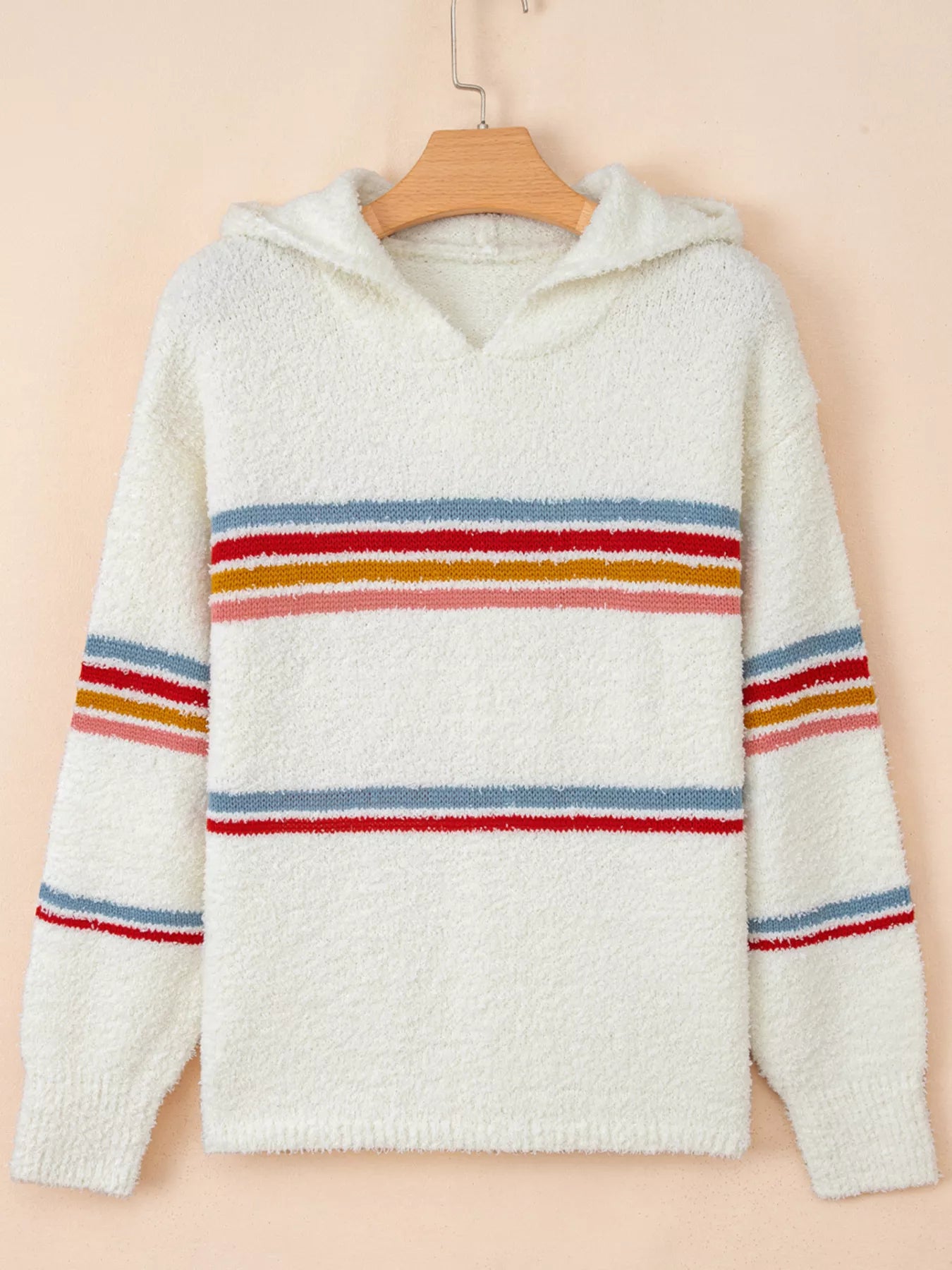 Multicolored Striped Accent Hooded Popcorn Sweater