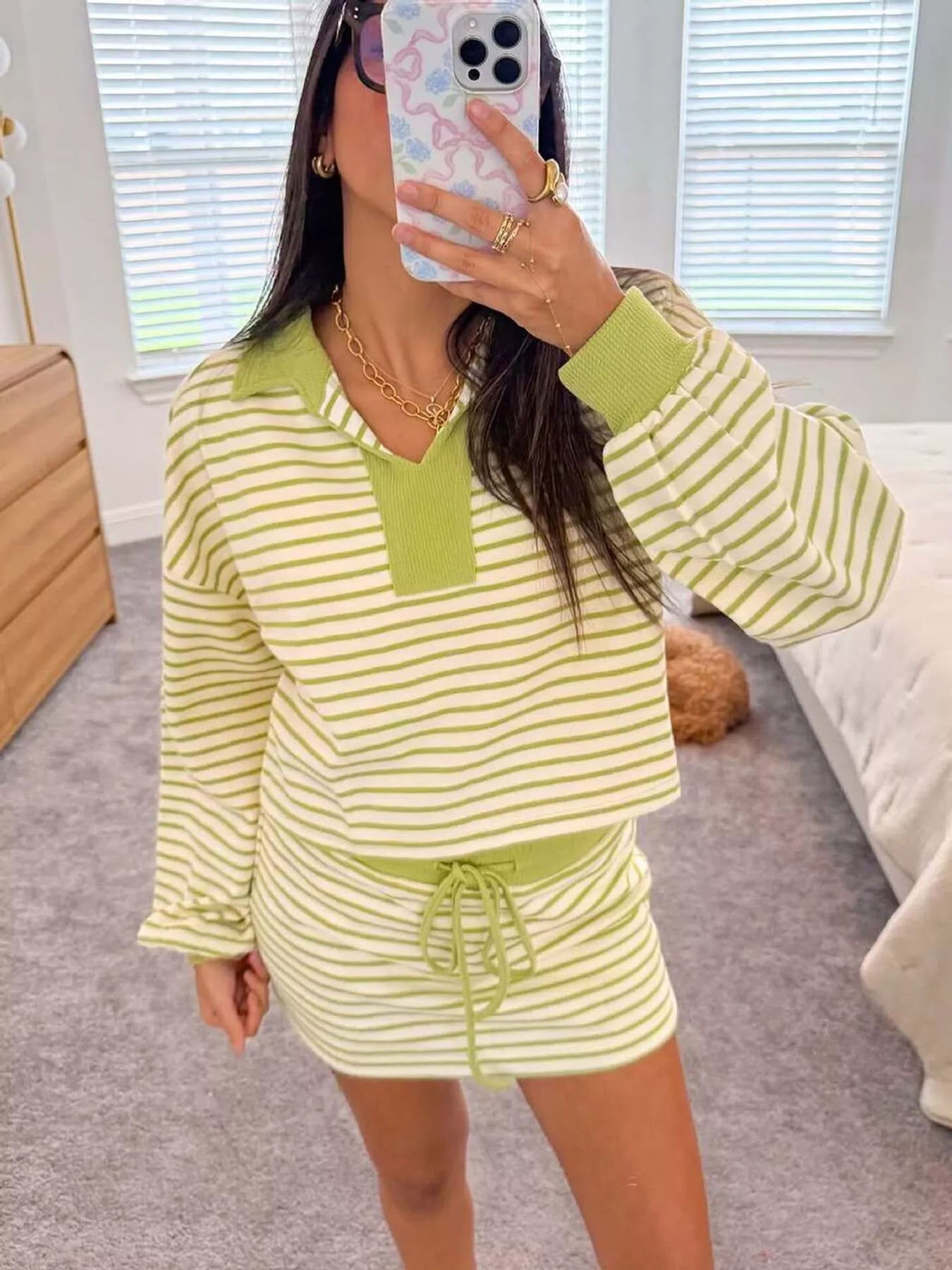 Striped Dropped Shoulder Top and Skirt Set