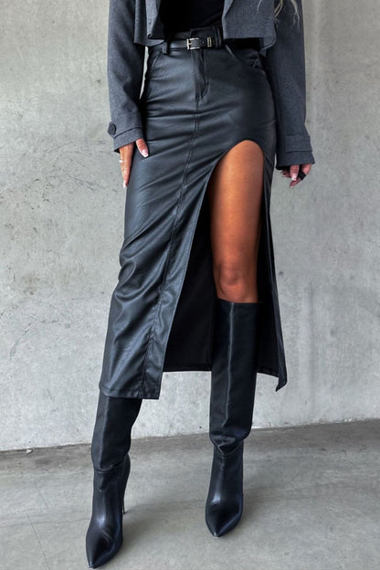 Slit Midi Skirt with Pockets Black