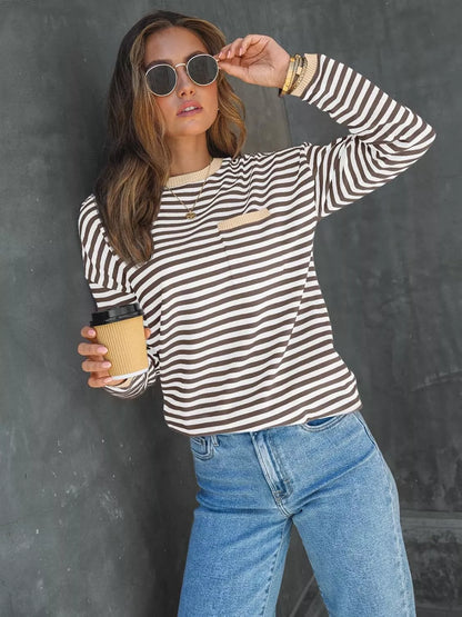 Striped Long Sleeve Sweater with Contrast Ribbed Trim Brown Tan